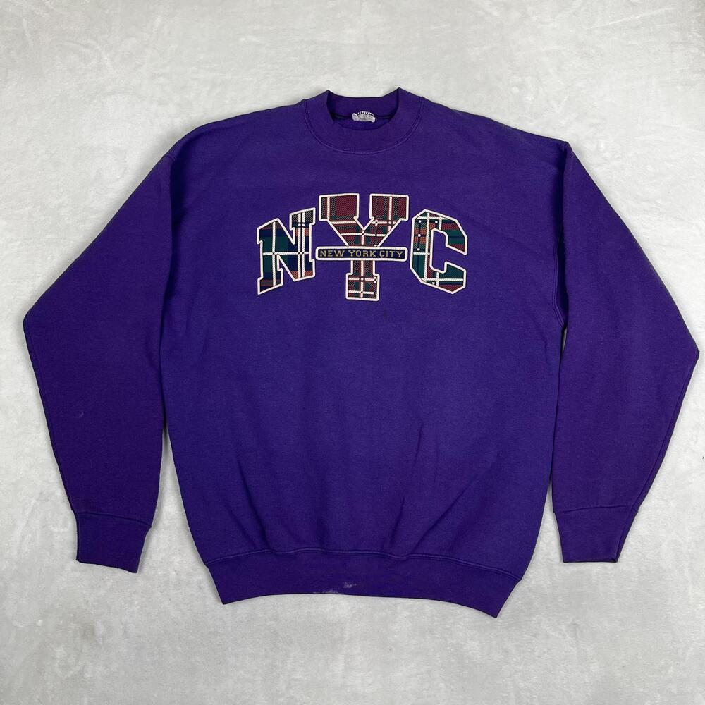 Vintage NYC New York City Sweatshirt Size XL Purple Plaid Graphic Crewneck 90s